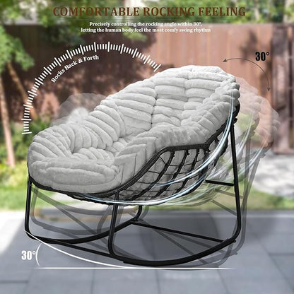 Outdoor Rocking Chair, Patio Wicker Egg Chair, Indoor Comfy Oversized Papasan Chair with Padded Cushion, Royal Rattan Rocker for Front Porch, Garden, Patio (Light Grey)