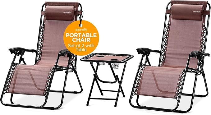 SereneLife Outdoor Zero Gravity Lounge Chair Set with Table – 2 Adjustable Recliners with Cup Holders, Headrest - Photo 1