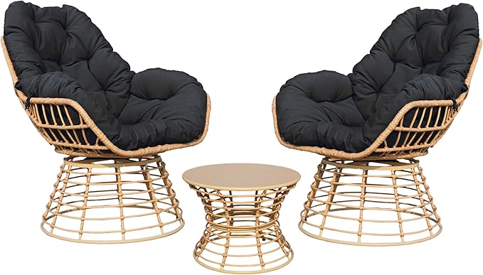 Swivel Chairs for Outside Patio Set of 3, 360° Swivel Pe Wicker Luxury Lounger Chair with 20" Side Table, Soft Cushion and Durable Frame, for Apartment Balcony, Patio, Porch, Yard (Black)