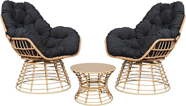 Swivel Chairs for Outside Patio Set of 3, 360° Swivel Pe Wicker Luxury Lounger Chair with 20" Side Table - Photo 1