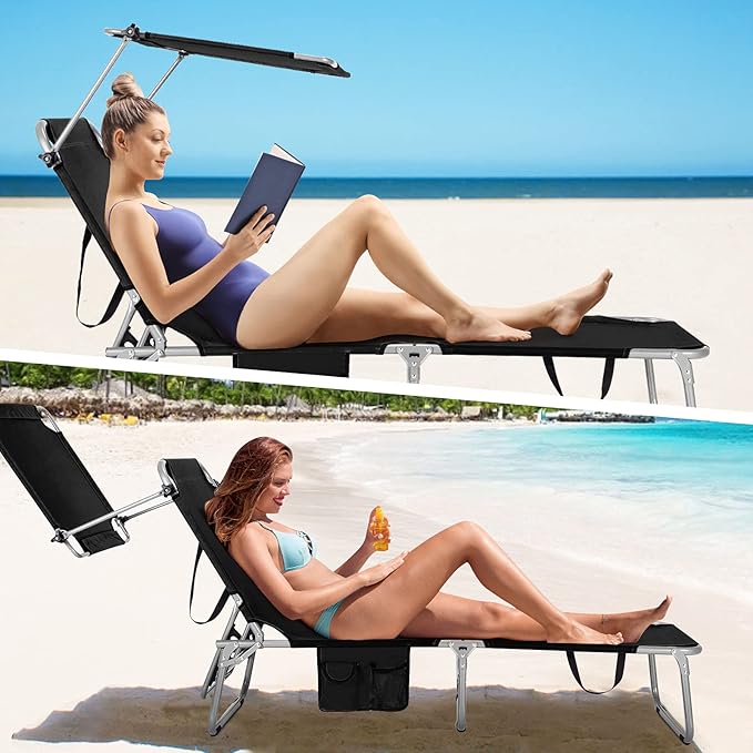Goplus Tanning Chair, Foldable Beach Lounge Chair with 360°Canopy Sun Shade, Side Pocket, 5-Position Adjustable Outdoor Chaise Lounge Chair for Patio Pool Yard Lawn (1, Black)
