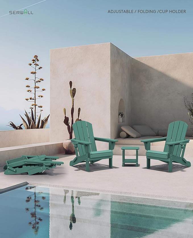SERWALL Folding Adirondack Chair, Adirondack Outdoor Chair with Cup Holder, Adjustable HDPE Adirondack Chair with 3 Recline Positions, Light Green