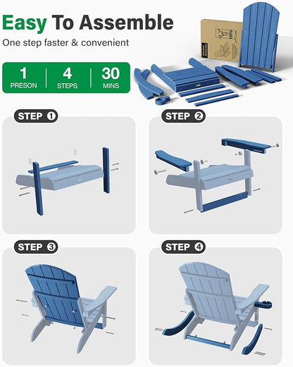 YEFU Adirondack Rocking Chairs Set of 2 : Oversize Adirondack Chair with Retractable Ottoman- 5-Level Adjustable High Back - Outdoor Rocker with Cup Holder for Porch/Garden/Lawn/Patio/Backyard/Navy