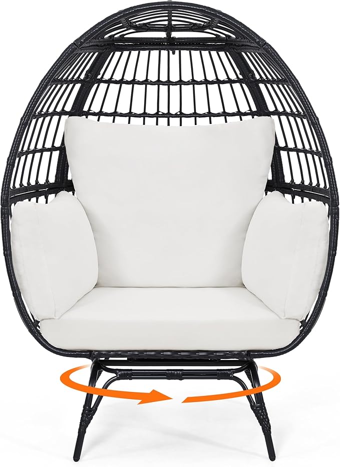 Oversized 360° Swivel Rattan Egg Chair for Adult, Indoor Outdoor Patio Large Wicker Egg Chair with Overstuffed Cushions, 440lb Weight Capacity, Black Rattan with Beige Cushion