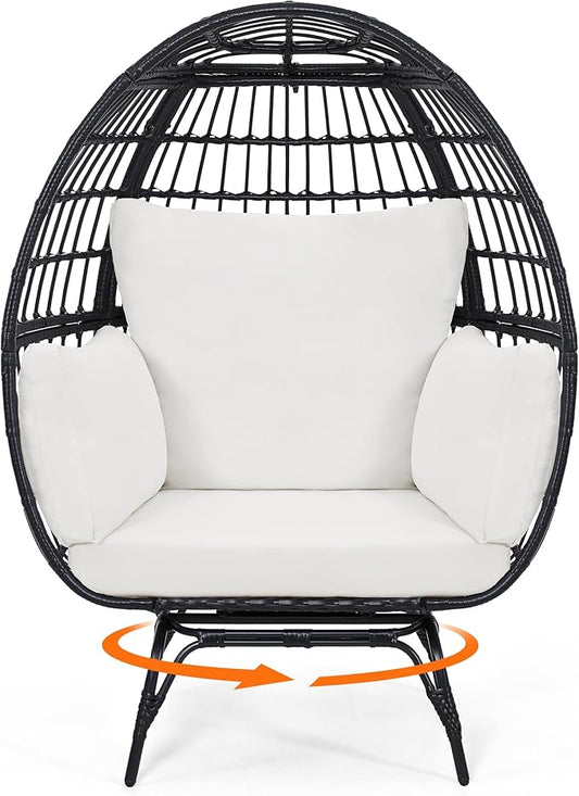 Oversized 360° Swivel Rattan Egg Chair for Adult, Indoor Outdoor Patio Large Wicker Egg Chair with Overstuffed Cushions, 440lb Weight Capacity, Black Rattan with Beige Cushion