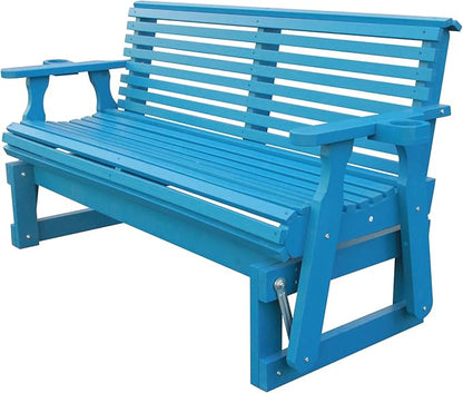 3-Seater Outdoor Glider Chair, 5FT Wood Porch Glider with High Roll Back, Cupholders and Deep Contoured for Porch, Garden, Blue