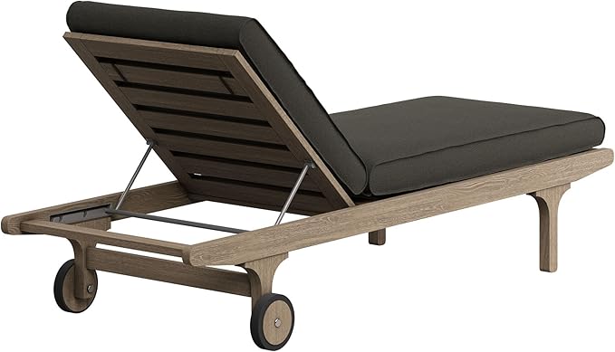 Modway Saratoga Teak Outdoor Chaise Lounge Chair in Flint Gray – Adjustable Wood Pool Lounge Chair with Wheels and Cushions