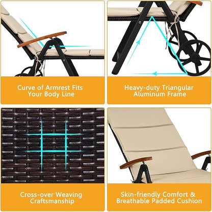 Tangkula Foldable Outdoor Chaise Lounger, Wicker Lounger Chair with Aluminum Black Frame, Wheels for Easy Moving, 7-Position Adjustable Cushioned Rattan Chaise for Poolside, Garden, Balcony and Patio