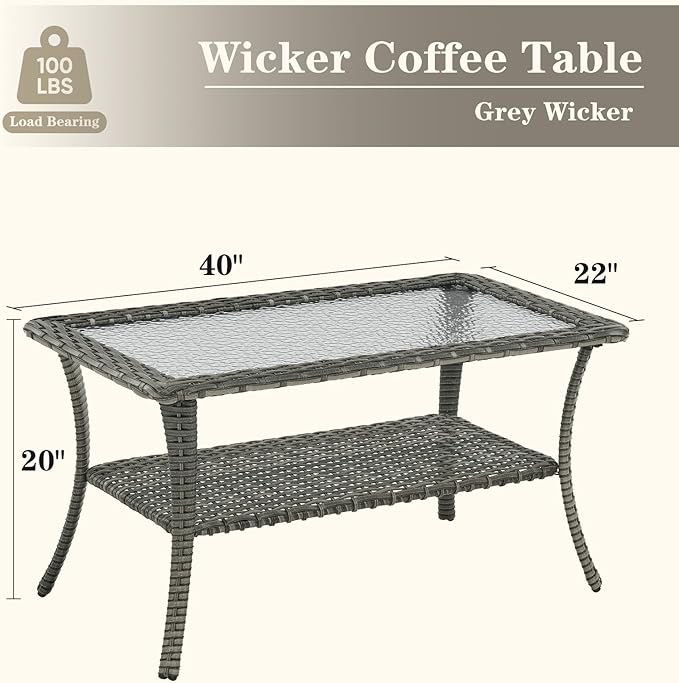 Wicker Outdoor Coffee Table - 40 Inch Tempered Glass Top Patio Coffee Table with Storage, 2 Layers Rattan Outdoor Table Rectangle for Patio for Porch, Balcony, Deck and Garden - Gray