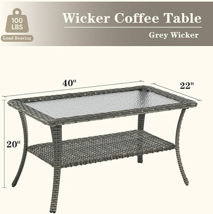 Wicker Outdoor Coffee Table - 40 Inch Tempered Glass Top Patio Coffee Table with Storage, 2 Layers Rattan Outdoor Table Rectangle for Patio for Porch, Balcony, Deck and Garden - Gray