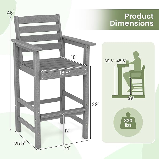 Giantex 29” Bar Stools Set of 2, HDPE Barstools w/Back, Armrests & Footrests, Max Load 330Lbs, Counter Height Bar Stools - Photo 3