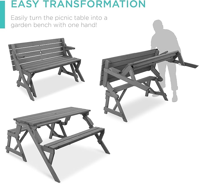 Best Choice Products 2-in-1 Transforming Interchangeable Outdoor Wooden Picnic Table Garden Bench for Backyard, Porch - Photo 2