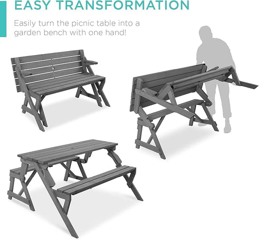 Best Choice Products 2-in-1 Transforming Interchangeable Outdoor Wooden Picnic Table Garden Bench for Backyard, Porch, Patio, Deck w/Umbrella Hole - Gray