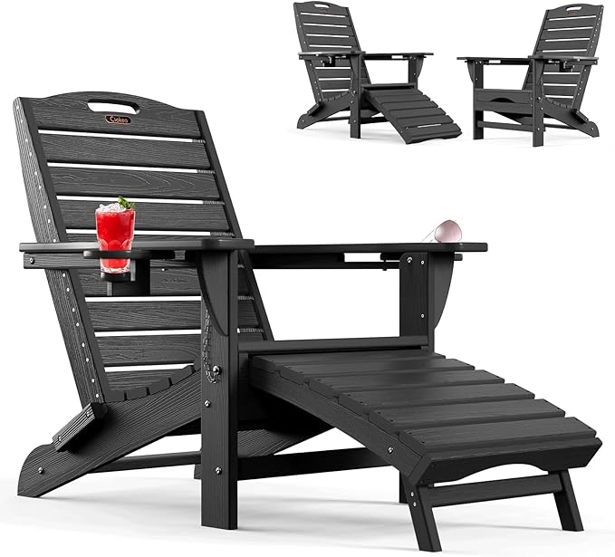 Ciokea Folding Adirondack Chair with Retractable Ottoman, HDPE Fire Pit Chairs with Pull Out Footrest, All Weather Resistant Outdoor Patio Chair with 2 Cup Holders for Lawn, Garden, Backyard (Black)