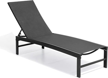 Crestlive Products Aluminum Adjustable Chaise Lounge Chair Five-Position and Full Flat Outdoor Recliner All Weather for Patio, Beach, Yard, Pool (1PC Black)