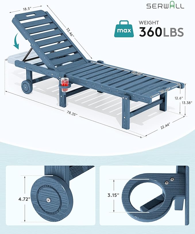 SERWALL Outdoor Chaise Lounge, Patio Chaise Lounge Chair with 5 Positions Adjustable Backrest - Photo 3