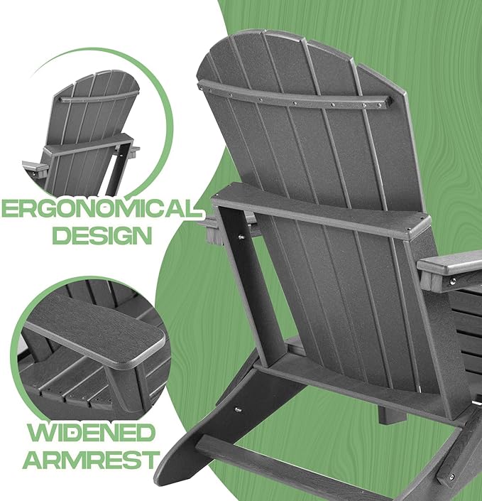 CABIHOME Folding Adirondack Chairs with Wide Armrest and Deep Seat, Foldable Plastic Outdoor Chair, Weather Resistant | Waterproof | UV Resistant for Patio, Lawn Garden Backyard Fire Pit, HDPE, Grey