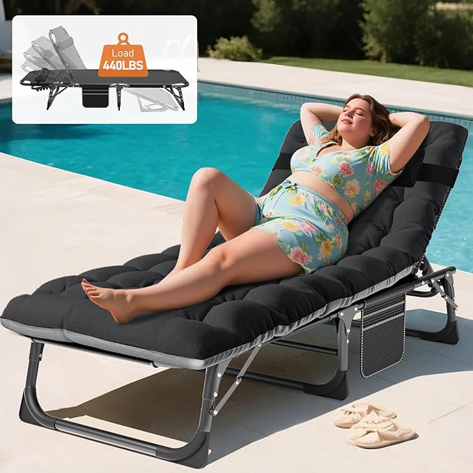 MOPHOTO Folding Chaise Lounge Chair 5-Position, Folding Cot, Heavy Duty Patio Chaise Lounges for Outside, Poolside, Beach, Lawn, Camping