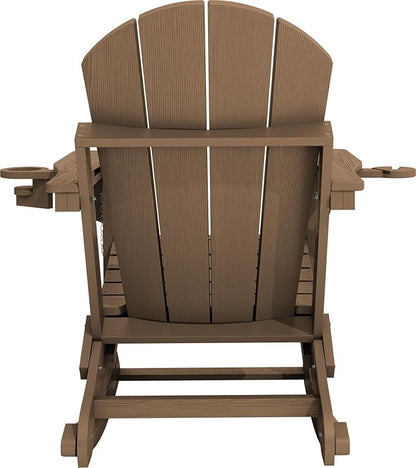 KINGYES Adirondack Rocking Chair with Retractable Ottoman and Cup Holders, HDPE Adirondack Rocker Patio Rocking Chair for Porch, Patio, Balcony, Brown