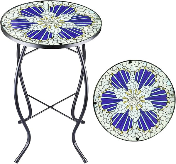 12 Inch Small Outdoor Side Table with Blue Morning Glory, Glass Mosaic Patio Table Indoor - Photo 1