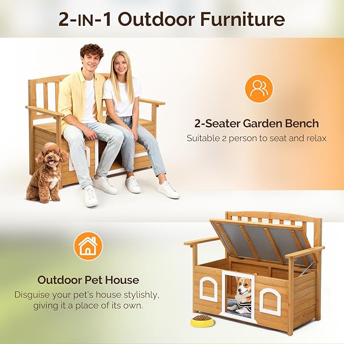 VINGLI Outdoor Storage Bench with Built-in Dog House - Photo 7