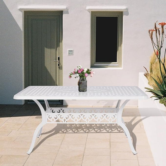 Outdoor Cast Aluminum Patio Table, 60” Rectangular Bistro Table with 2’’ Umbrella Hole for Patio Furniture Garden Deck Backyard, White