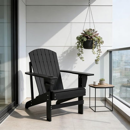 Folding Adirondack Chair, Weather Resistant Outdoor Patio Chair with Cup Holder for Lawn, Backyard, Poolside(Black)
