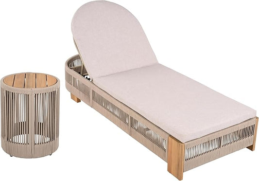 Outdoor Chaise Lounge Set, Patio Chaise Lounge Chairs with Side Table, Teak Chaise Lounge Outdoor with Adjustable Backrest, Teak Faux Wood Side Table and Beige Cushions for Outdoor Use (Beige-3pcs)