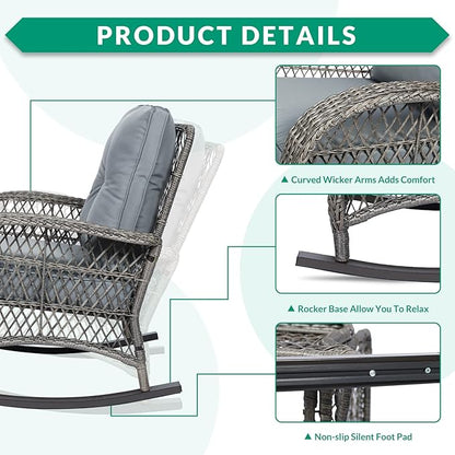 VIVIJASON Outdoor Wicker Rocking Chair, Patio Rattan Rocker Chair with Cushions & Steel Frame, All-Weather Rocking Lawn Wicker Furniture for Garden Backyard Porch (Grey)