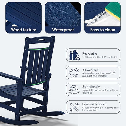 Plawdlik Oversized Outdoor Rocking Chair - All-Weather Resistant,HDPE Heavy Duty Patio Rockers with High Back - Perfect for Porch,Garden,Modern Style Set of 2-Navy Blue
