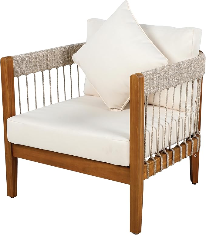 Christopher Knight Home Vinny Acacia Wood Patio Accent Chair, Wooden Lounge Chair Outdoor, Garden/Poolside Comfy Reading Chair with Handwoven Rope Accents and Removable Cushions, Natural+Beige