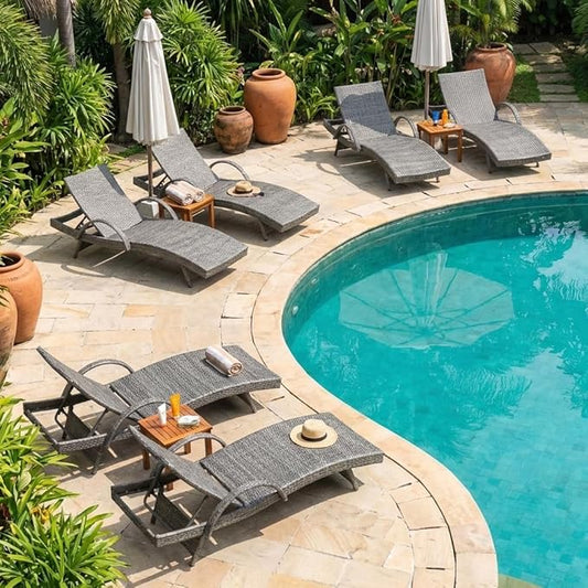 Wicker Outdoor Lounge Chairs with Pull Out Side Table, Pool Lounge Chairs Set of 6, Gray Rattan Outdoor Lounger, Adjustable Backrest Patio Chaise Lounges for Garden, Backyard, Tanning Chair, Grey