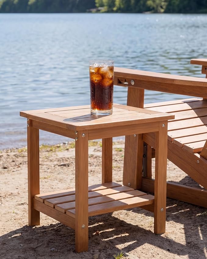 Kibaso-Adirondack Outdoor Side Table, 2-Tier HDPE Outdoor End Table, Weather Resistant Easy Maintenance, Small Patio Side Table for Patio, Pool, Porch, Garden, Lawn, and Living Room (2, Rustic Teak)