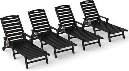 Domi Outdoor Chaise Lounge Chairs Set of 4, HDPE All-Weather Pool Loungers with 5-Position Adjustable Reclining Backrest & Rolling Wheels for Poolside Sunbathing Tanning, Black