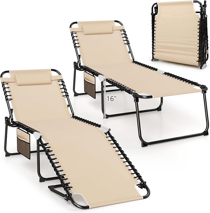 Giantex 2-Pack Lounge Chair Outdoor, Folding Tanning Chair with 4 Adjustable Positions, Removable Headrest, Footrest - Photo 1