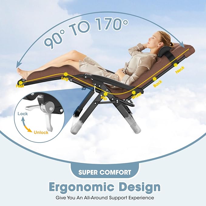 Oversized Zero Gravity Chair, 33In XXL Padded Lounge Chair, Recliner Chair W/Cushion& Storage Bag, Footrest - Photo 5
