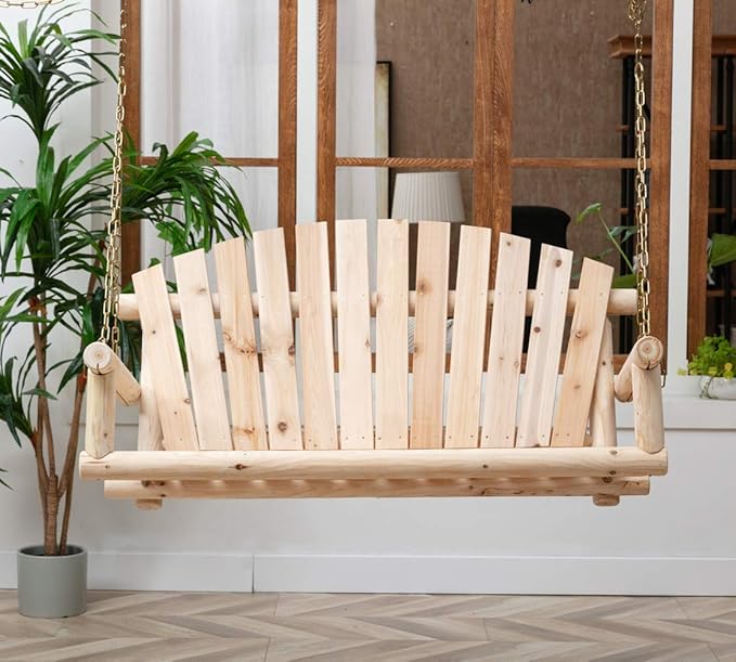 Wooden Porch Swing Outdoor Bench Swing Chair 2-Seater W/Hanging Chains for Patio Garden Backyard, Heavy Duty 800 LBS - Photo 2