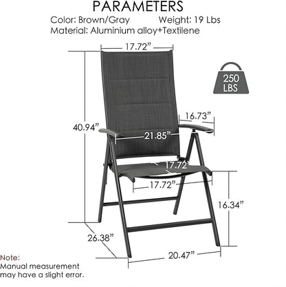 Kozyard 2-Pack Outdoor Patio Dining Chairs, Folding Reclining Patio Chairs with Breathable Textilene Fabric, Padded Seat, Aluminum Frame, Foldable Outdoor Chairs for Garden, Deck, Backyard (Gray)