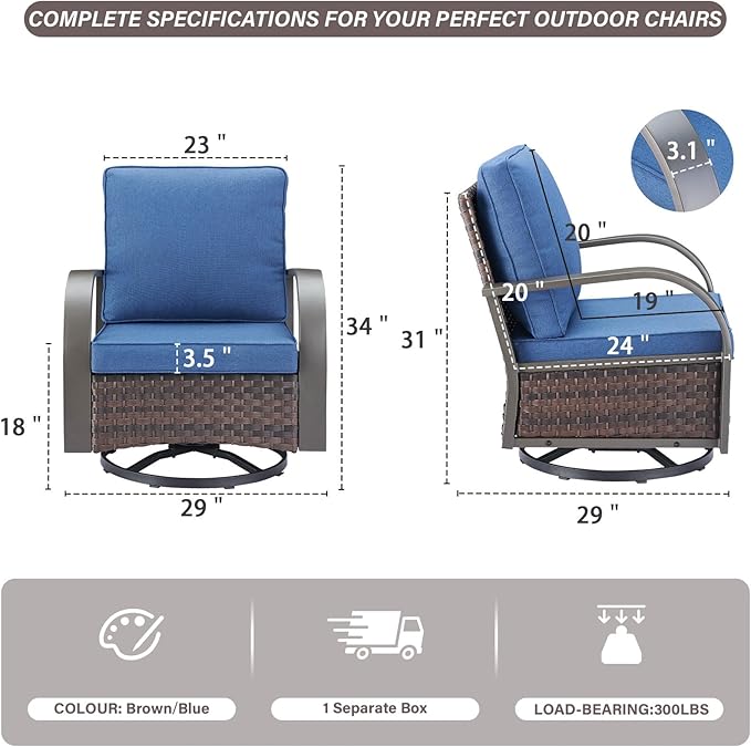 Outdoor Swivel Rocker Patio Chairs Set of 2, Heavy Duty Swivel Rocking Patio Chairs with Wide Metal Armrests, 2 Pieces Patio Furniture Wicker Glider Chairs Set with Removble Cushions for Porch Sunroom