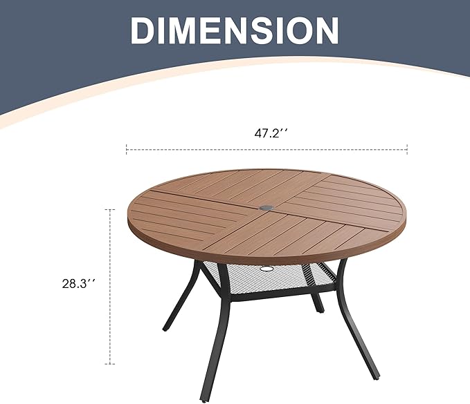 VICLLAX 47.2" Round Patio Dining Table for 4-6, All Weather Metal Outdoor Table with 1.57" Umbrella Hole and Storage Shelf for Garden Lawn Deck, Walnut