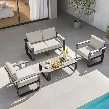 CHITA Outdoor Furniture Set 4 Piece, 4-Seats Patio Conversation Set with 6.3in Thick Cushions & 100% Aluminum Frame & Coffee Table, Modern Outdoor Patio Furniture Sofa Set for Poolside, Deck, Balcony
