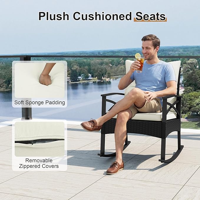 Tangkula 3 Pieces Outdoor Rocking Chairs Set, Rattan Heavy Duty Cushioned Rocker Chairs with 2-Tier Tempered Glass Coffee Table, for Garden, Balcony, Backyard (Black+Beige)