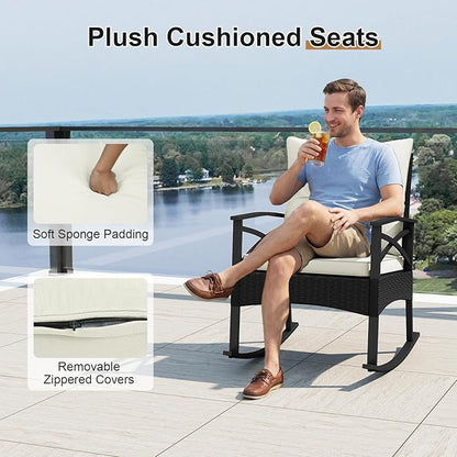 Tangkula 3 Pieces Outdoor Rocking Chairs Set, Rattan Heavy Duty Cushioned Rocker Chairs with 2-Tier Tempered Glass Coffee Table, for Garden, Balcony, Backyard (Black+Beige)