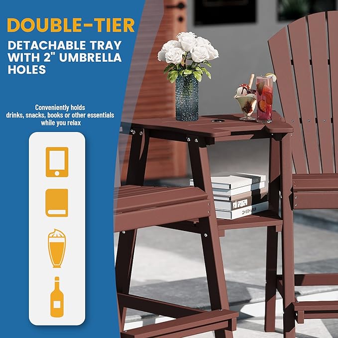 FOOWIN Tall Adirondack Chair Set of 8, All Weather HDPE Bar Height Adirondack Chair with Double Connecting Trays, Adirondack Barstools for Balcony, Deck, Backyard, Patio, Garden Brown