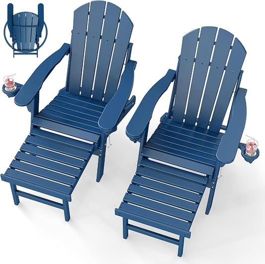 BRIOPAWS Adirondack-Chairs-with-Pull-Out-Footrest | Set of 2 | Folding | HDPE Plastic | Fire Pit Chair | All Weather | Cup Holders | Curved Back | Retractable Ottoman | for Poolside Deck | Blue