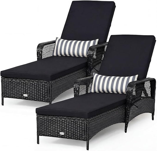 Tangkula Wicker Chaise Lounge Outdoor Set of 2, Patio Rattan Reclining Chaise with 6-Gear Adjustable Backrest, Thick Padded Cushion & Removable Lumbar Pillow, Pool Lounge Chairs (Black)