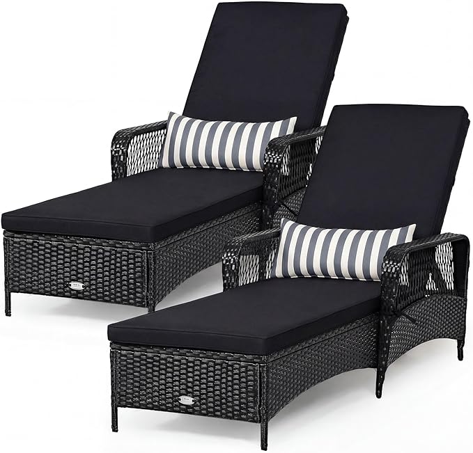 COSTWAY PE Rattan Chaise Lounge Chair, 6 Gear Adjustable Recliner with Armrest & Pillow, Wicker Outdoor Furniture for Deck, Patio (2, Black+White)