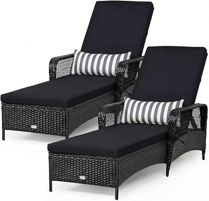 COSTWAY PE Rattan Chaise Lounge Chair, 6 Gear Adjustable Recliner with Armrest & Pillow, Wicker Outdoor Furniture for Deck, Patio (2, Black+White)