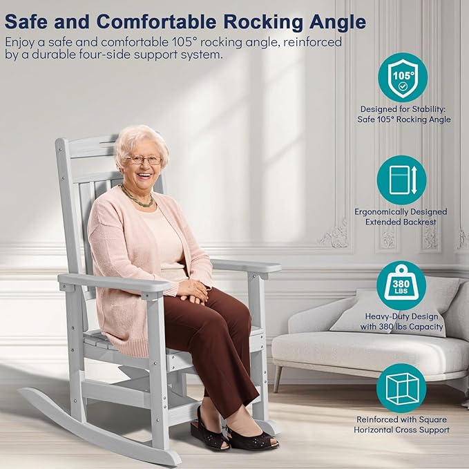 Plawdlik Oversized HDPE Outdoor Rocking Chair - 380 lbs Capacity, All - Weather, Ergonomic for Patio & Backyard,White