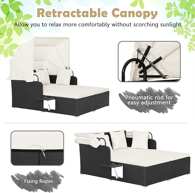 Tangkula Patio Rattan Daybed with Retractable Canopy, Outdoor Wicker Sunbed Lounger with 2 Foldable Side Tables - Photo 7